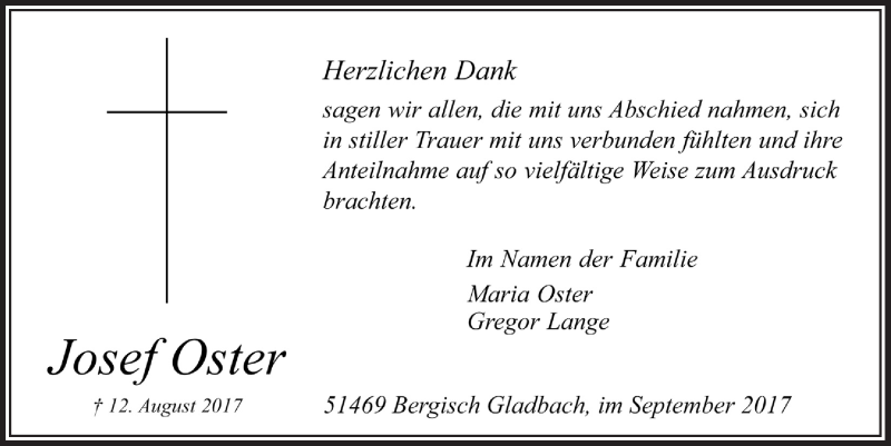  Traueranzeige für Josef Oster vom 06.09.2017 aus  Bergisches Handelsblatt 
