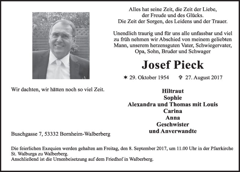  Traueranzeige für Josef Pieck vom 06.09.2017 aus  Schlossbote/Werbekurier 