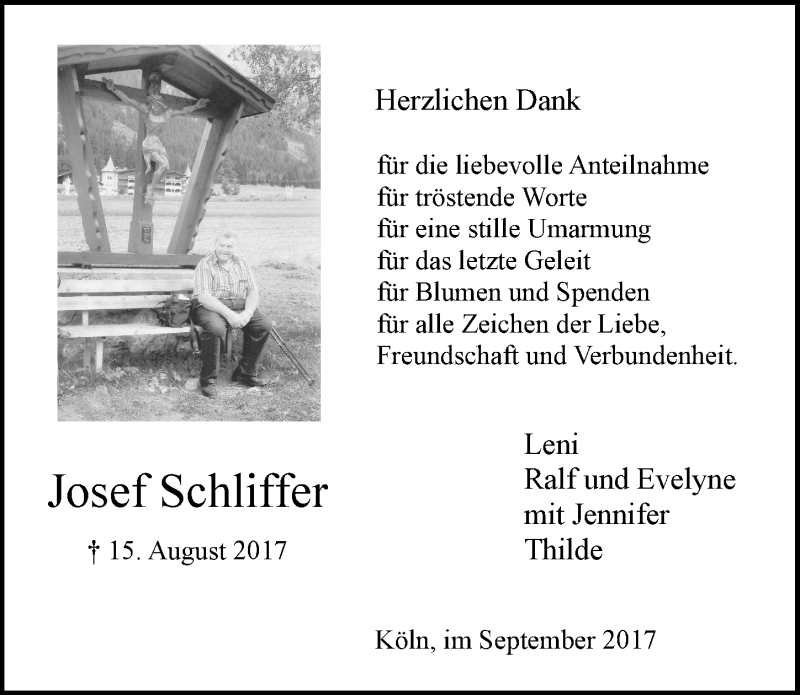  Traueranzeige für Josef Schliffer vom 13.09.2017 aus  Kölner Wochenspiegel 