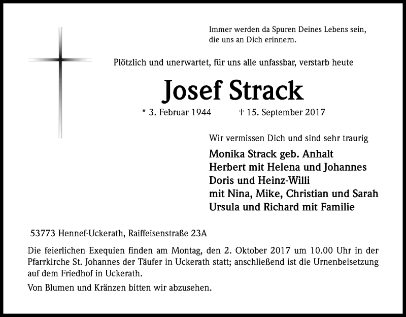  Traueranzeige für Josef Strack vom 20.09.2017 aus Kölner Stadt-Anzeiger / Kölnische Rundschau / Express