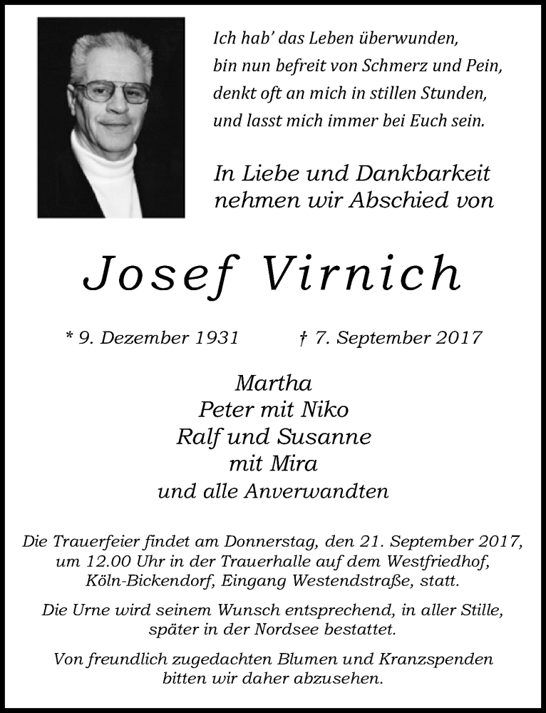  Traueranzeige für Josef Virnich vom 13.09.2017 aus  Kölner Wochenspiegel 