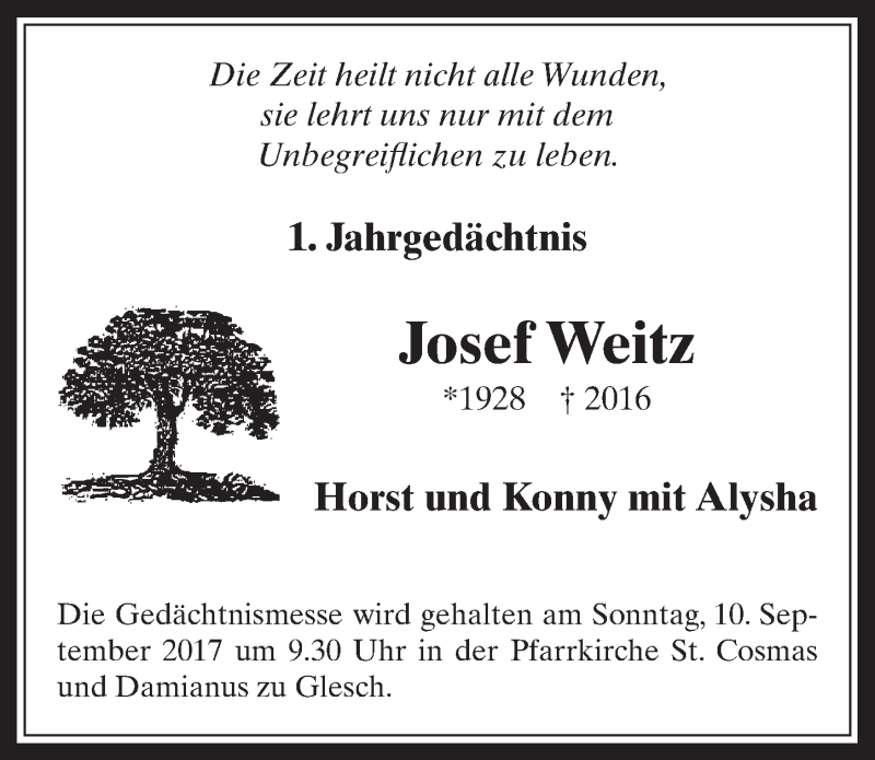  Traueranzeige für Josef Weitz vom 06.09.2017 aus  Werbepost 