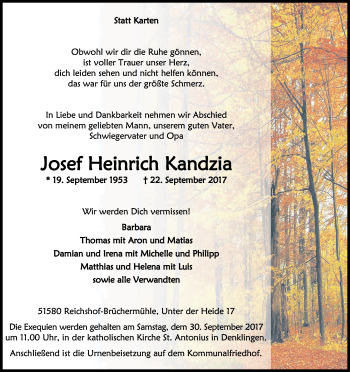 Anzeige von Josef Heinrich Kandzia von Kölner Stadt-Anzeiger / Kölnische Rundschau / Express
