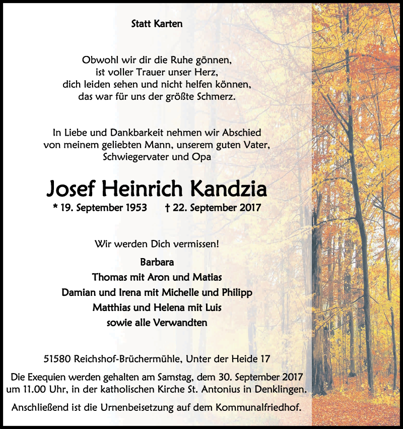  Traueranzeige für Josef Heinrich Kandzia vom 26.09.2017 aus Kölner Stadt-Anzeiger / Kölnische Rundschau / Express