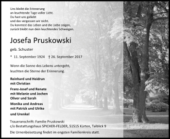 Anzeige von Josefa Pruskowski von Kölner Stadt-Anzeiger / Kölnische Rundschau / Express