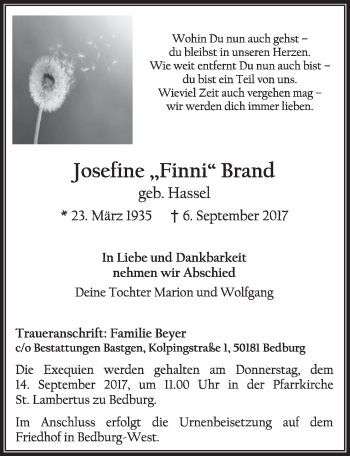 Anzeige von Josefine Brand von  Sonntags-Post 