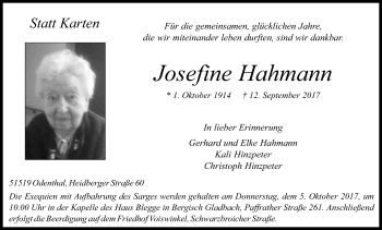 Anzeige von Josefine Hahmann von Kölner Stadt-Anzeiger / Kölnische Rundschau / Express