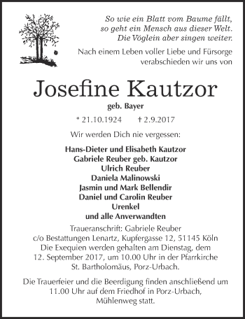 Anzeige von Josefine Kautzor von  Kölner Wochenspiegel 