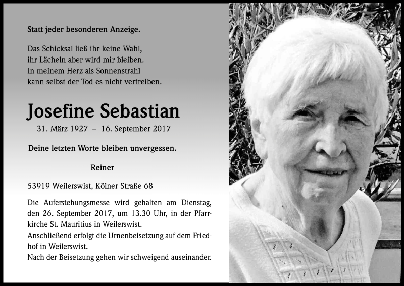  Traueranzeige für Josefine Sebastian vom 23.09.2017 aus Kölner Stadt-Anzeiger / Kölnische Rundschau / Express