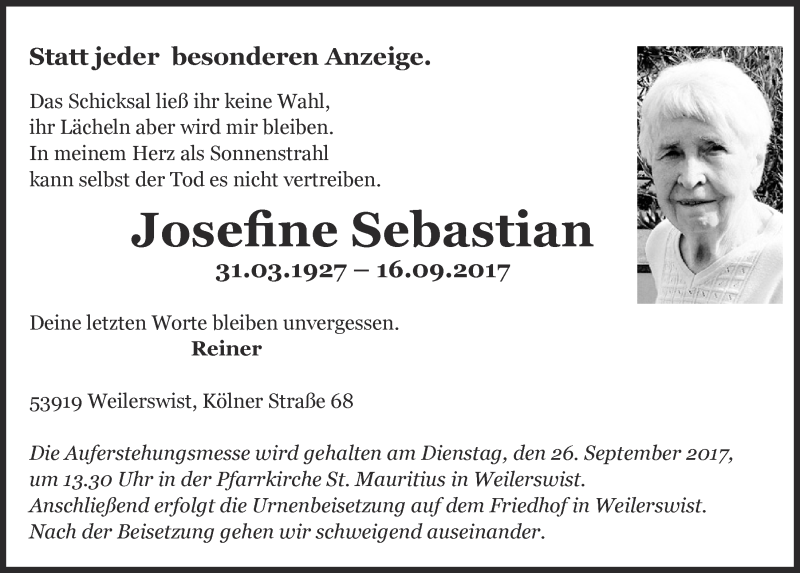  Traueranzeige für Josefine Sebastian vom 23.09.2017 aus  Blickpunkt Euskirchen 