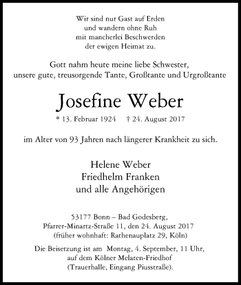 Anzeige von Josefine Weber von Kölner Stadt-Anzeiger / Kölnische Rundschau / Express