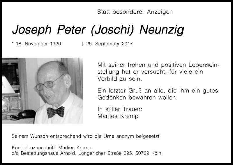  Traueranzeige für Joseph Peter Neunzig vom 30.09.2017 aus Kölner Stadt-Anzeiger / Kölnische Rundschau / Express