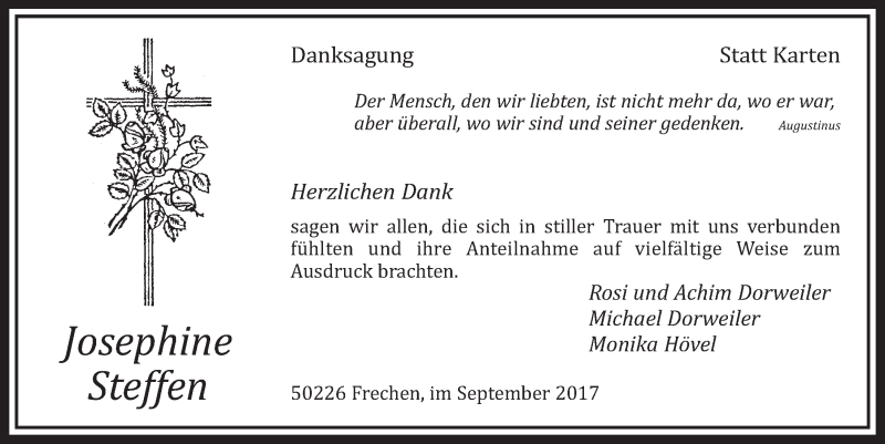  Traueranzeige für Josephine Steffen vom 16.09.2017 aus  Sonntags-Post 