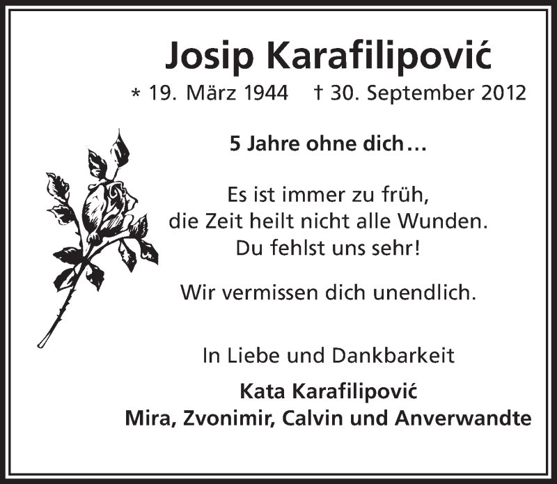  Traueranzeige für Josip Karafilipovic vom 30.09.2017 aus  Leverkusener Wochenende 