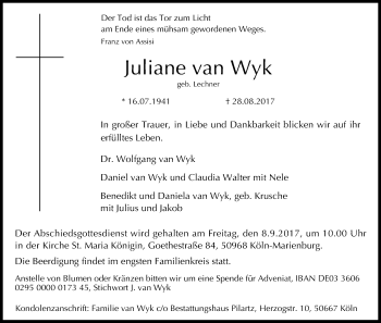 Anzeige von Juliane van Wyk von Kölner Stadt-Anzeiger / Kölnische Rundschau / Express