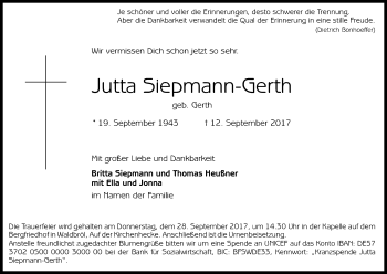 Anzeige von Jutta Siepmann-Gerth von Kölner Stadt-Anzeiger / Kölnische Rundschau / Express