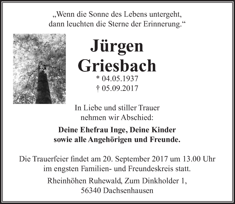  Traueranzeige für Jürgen Griesbach vom 13.09.2017 aus  Extra Blatt 