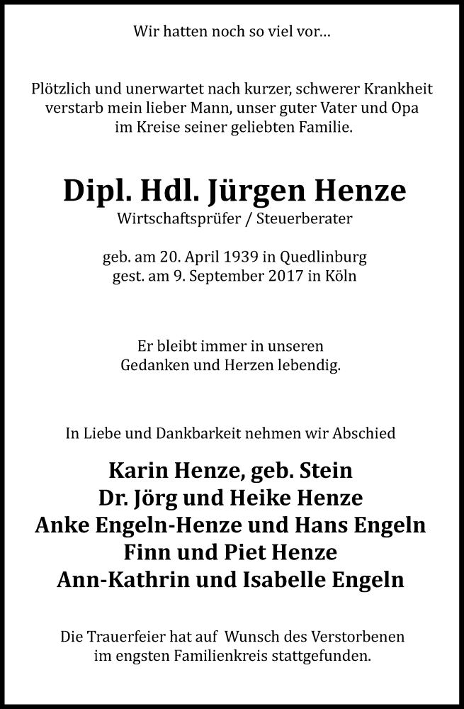  Traueranzeige für Jürgen Henze vom 16.09.2017 aus Kölner Stadt-Anzeiger / Kölnische Rundschau / Express