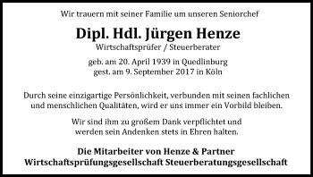 Anzeige von Jürgen Henze von Kölner Stadt-Anzeiger / Kölnische Rundschau / Express
