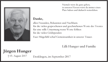 Anzeige von Jürgen Hunger von  Anzeigen Echo 
