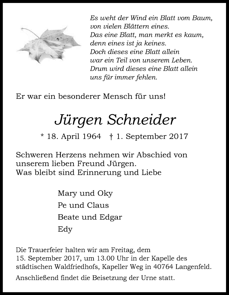  Traueranzeige für Jürgen Schneider vom 09.09.2017 aus Kölner Stadt-Anzeiger / Kölnische Rundschau / Express