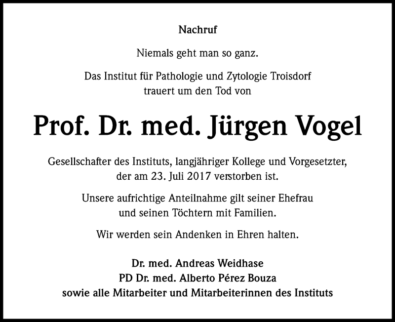  Traueranzeige für Jürgen Vogel vom 02.09.2017 aus Kölner Stadt-Anzeiger / Kölnische Rundschau / Express