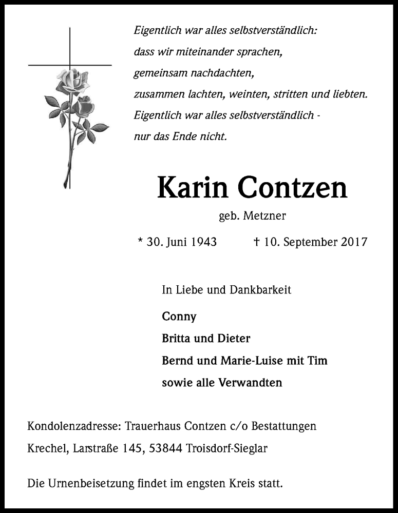  Traueranzeige für Karin Contzen vom 16.09.2017 aus Kölner Stadt-Anzeiger / Kölnische Rundschau / Express