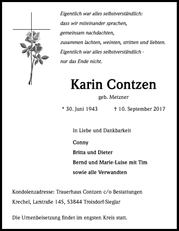 Anzeige von Karin Contzen von Kölner Stadt-Anzeiger / Kölnische Rundschau / Express