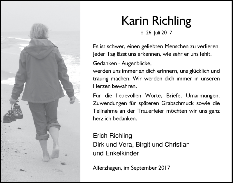  Traueranzeige für Karin Richling vom 20.09.2017 aus  Anzeigen Echo 