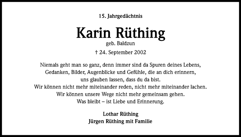  Traueranzeige für Karin Rüthing vom 23.09.2017 aus Kölner Stadt-Anzeiger / Kölnische Rundschau / Express