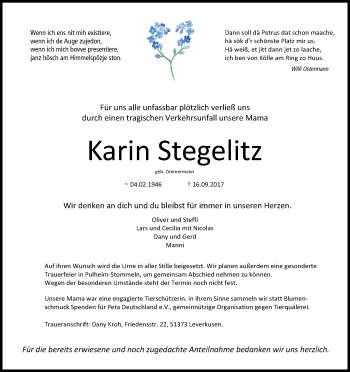 Anzeige von Karin Stegelitz von Kölner Stadt-Anzeiger / Kölnische Rundschau / Express