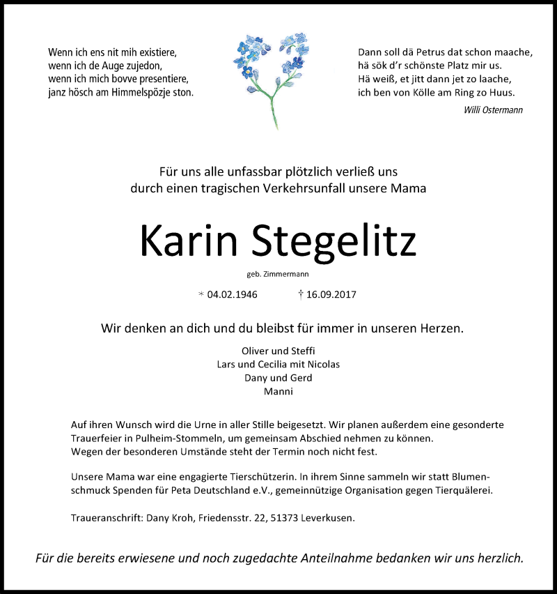  Traueranzeige für Karin Stegelitz vom 23.09.2017 aus Kölner Stadt-Anzeiger / Kölnische Rundschau / Express