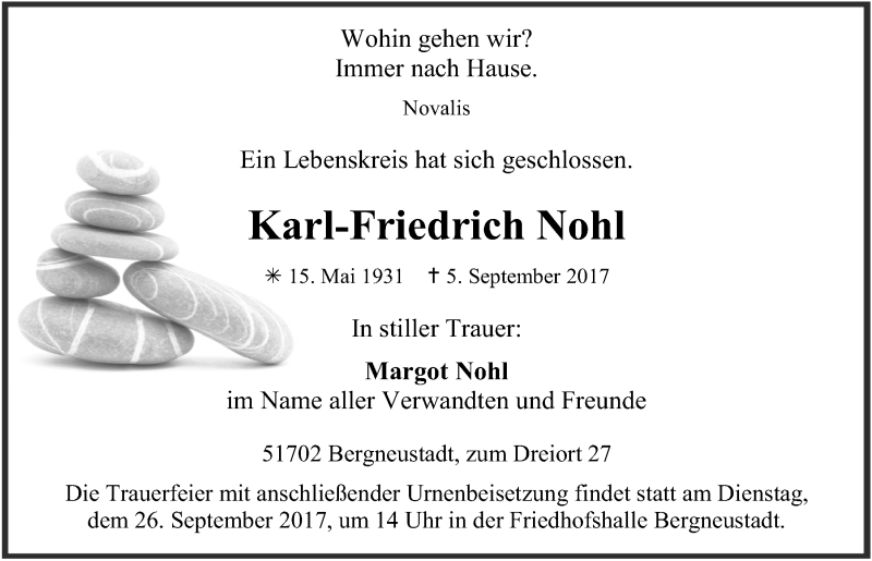  Traueranzeige für Karl-Friedrich Nohl vom 20.09.2017 aus  Anzeigen Echo 