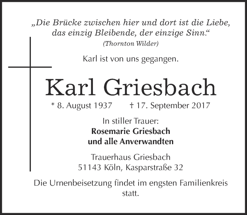  Traueranzeige für Karl Griesbach vom 20.09.2017 aus  Kölner Wochenspiegel 