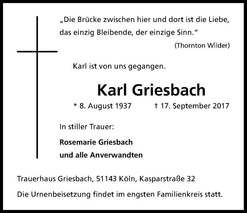  Traueranzeige für Karl Griesbach vom 20.09.2017 aus Kölner Stadt-Anzeiger / Kölnische Rundschau / Express