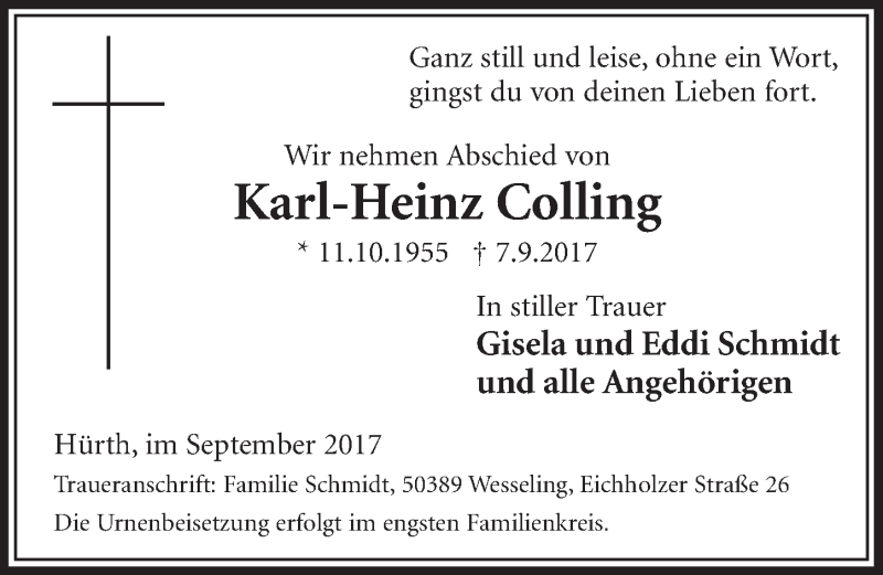  Traueranzeige für Karl-Heinz Colling vom 13.09.2017 aus  Wochenende 