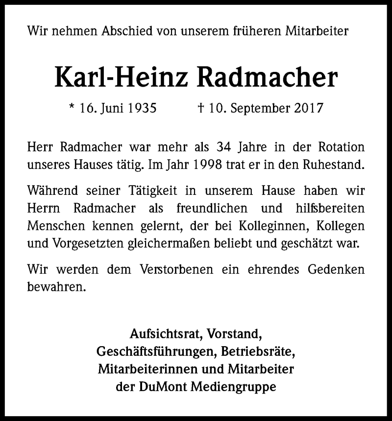  Traueranzeige für Karl-Heinz Radmacher vom 23.09.2017 aus Kölner Stadt-Anzeiger / Kölnische Rundschau / Express