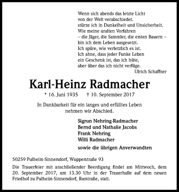 Anzeige von Karl-Heinz Radmacher von Kölner Stadt-Anzeiger / Kölnische Rundschau / Express