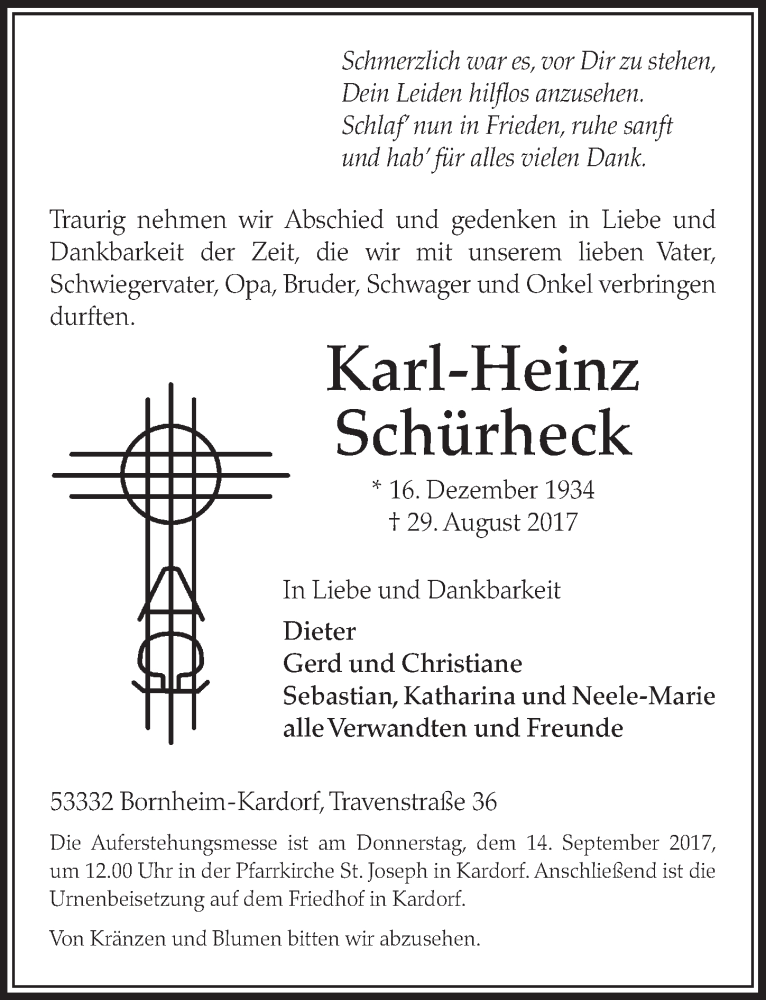  Traueranzeige für Karl-Heinz Schürheck vom 06.09.2017 aus  Schlossbote/Werbekurier 