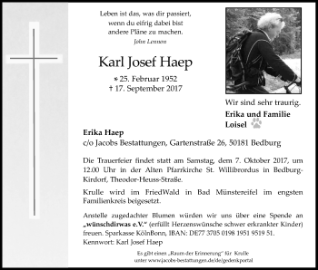Anzeige von Karl-Josef Haep von Kölner Stadt-Anzeiger / Kölnische Rundschau / Express