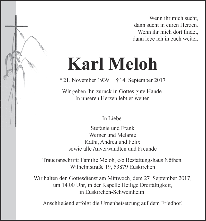  Traueranzeige für Karl Meloh vom 23.09.2017 aus  Blickpunkt Euskirchen 