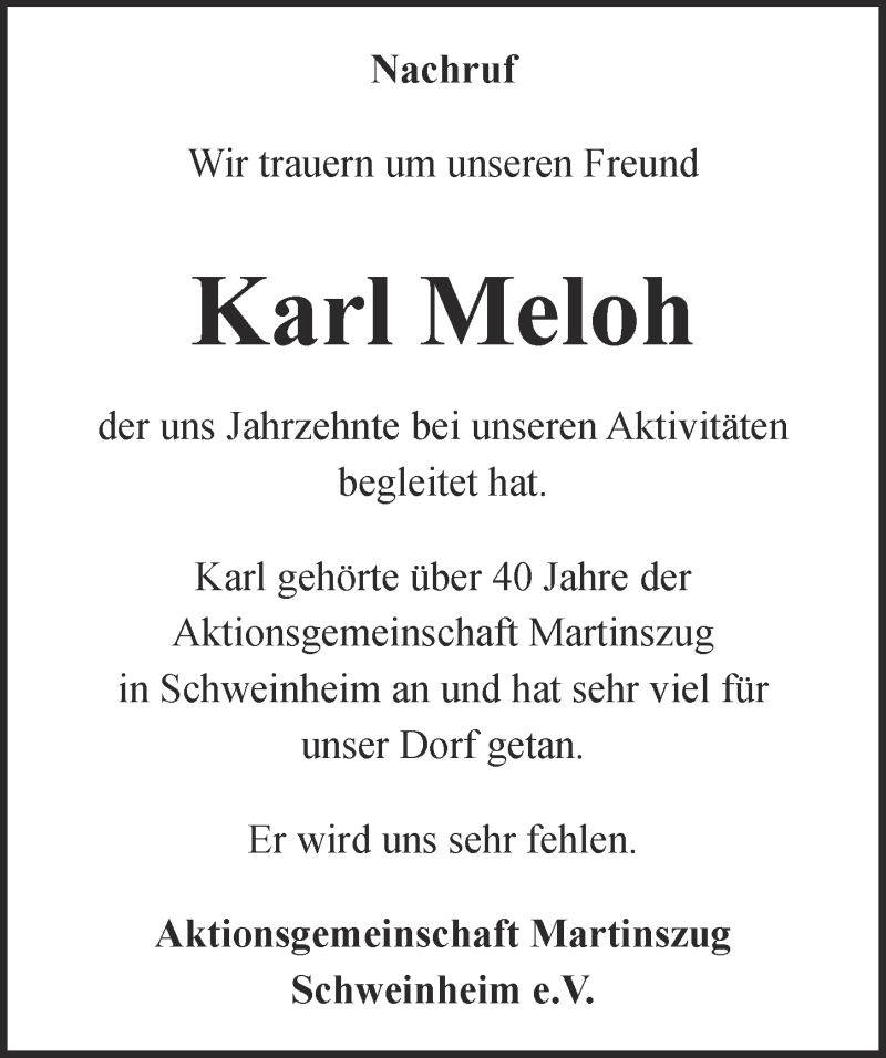  Traueranzeige für Karl Meloh vom 30.09.2017 aus  Blickpunkt Euskirchen 