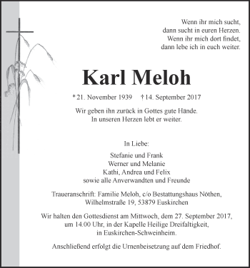 Anzeige von Karl Meloh von  Blickpunkt Euskirchen 