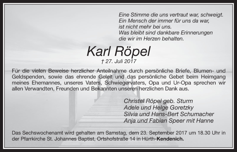  Traueranzeige für Karl Röpel vom 13.09.2017 aus  Wochenende 
