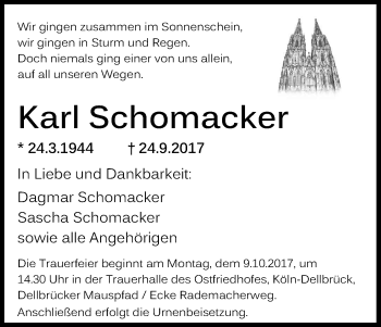 Anzeige von Karl Schomacker von Kölner Stadt-Anzeiger / Kölnische Rundschau / Express