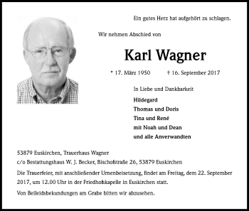 Anzeige von Karl Wagner von Kölner Stadt-Anzeiger / Kölnische Rundschau / Express