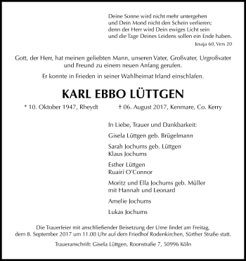 Anzeige von Karl Ebbo Lüttgen von Kölner Stadt-Anzeiger / Kölnische Rundschau / Express