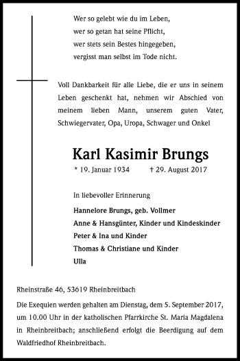 Anzeige von Karl Kasimir Brungs von Kölner Stadt-Anzeiger / Kölnische Rundschau / Express