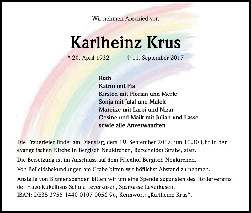  Traueranzeige für Karlheinz Krus vom 16.09.2017 aus Kölner Stadt-Anzeiger / Kölnische Rundschau / Express