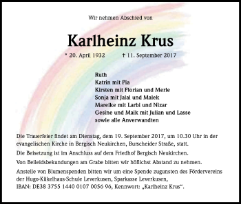 Anzeige von Karlheinz Krus von Kölner Stadt-Anzeiger / Kölnische Rundschau / Express
